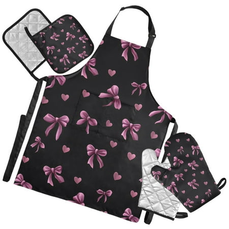Ryvnso Pink Purple Bows Kitchen Apron Oven Mitts Set Pot Holders