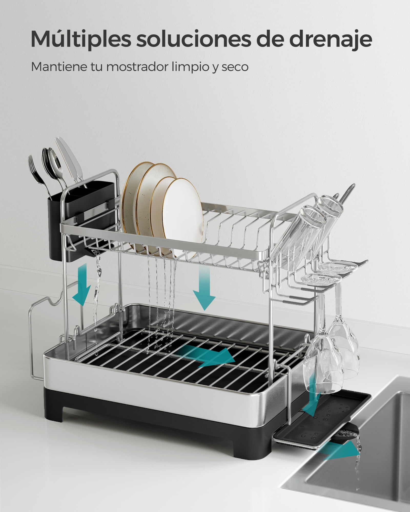 2 Tier Dish Drying Rack with Rotatable and Extendable Drain Spout, Dish Drainer, Black