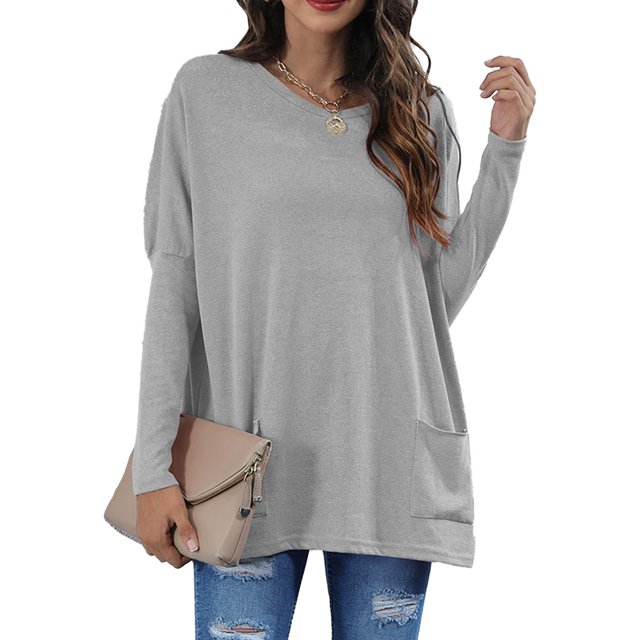 Prenda informal sencilla, cómoda y elegante, talla S, blusa gris de cuello redondo y manga larga para mujer con bolsillos