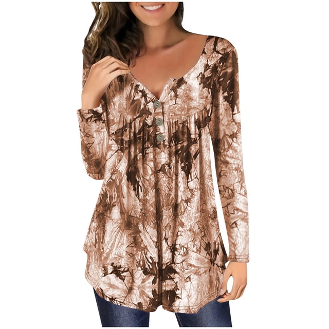 Cameland Ladies' Casual Printed Button Up Long Sleeved Round Neck Pullover Top