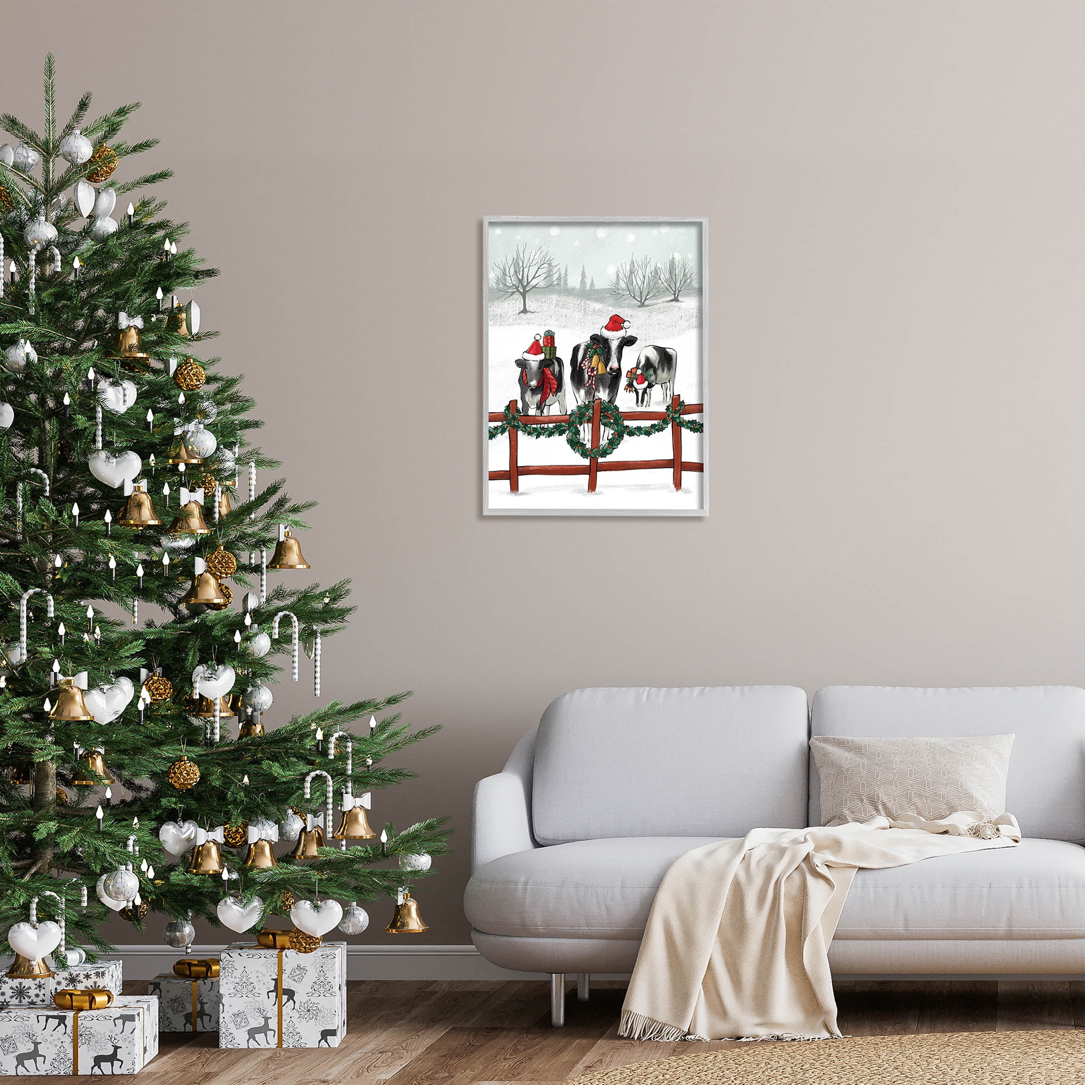 Holiday Cows Farmland Fence Holiday Graphic Art Gray Framed Art Print Wall Art