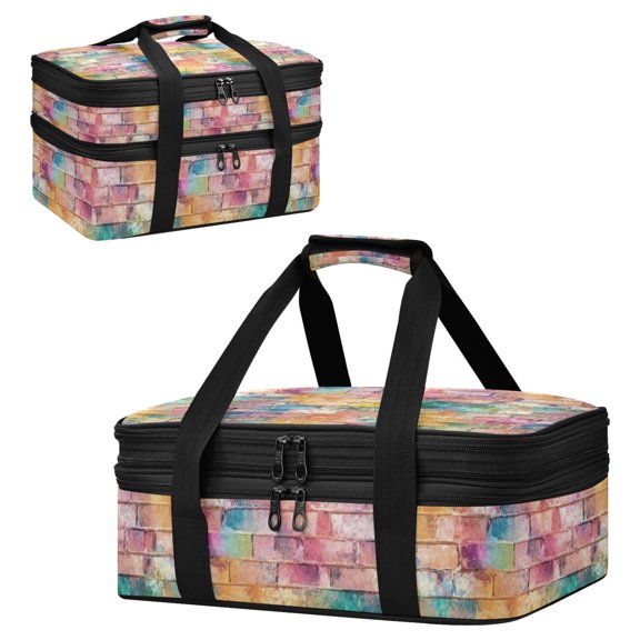 Large Double Decker Insulated Casserole Carrier Expandable 2-Layer Thermal Food Tote Bag Colorful Brick Wall Pattern Hot Cold Pizza Lasagna Holder for Potluck Picnic Party Camping