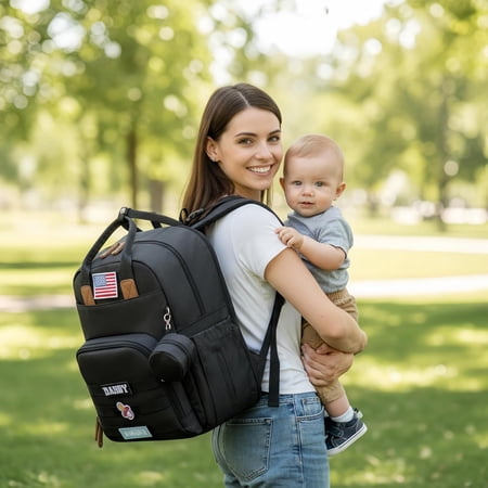 Expandable Diaper Bag Backpack for Dad and Mom – Large Capacity Baby Diaper Bag with Premium Leather, Changing Pad, Insulated Bottle Pockets, Stroller Straps, Laptop Sleeve – Black Travel Diaper Bag