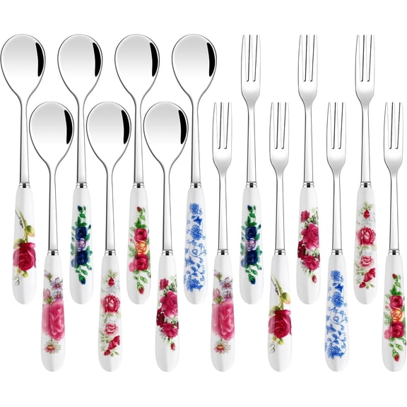 14 PCS Dessert Forks and Spoons, Floral Stainless Steel Fork and Spoon, Small Coffee Spoons Dessert Forks with Ceramic Handle, Desserts Silverware Set for Tea Salad Cake Fruit Home Party