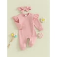 thumbnail image 3 of CIYCuIT 3M 6M 12M Baby Girl Footless Jumpsuit Solid Color Ruffles Long Sleeve Rompers with Headband 2Pcs Outfits Newborn Infant Casual Daily Clothes, 3 of 8