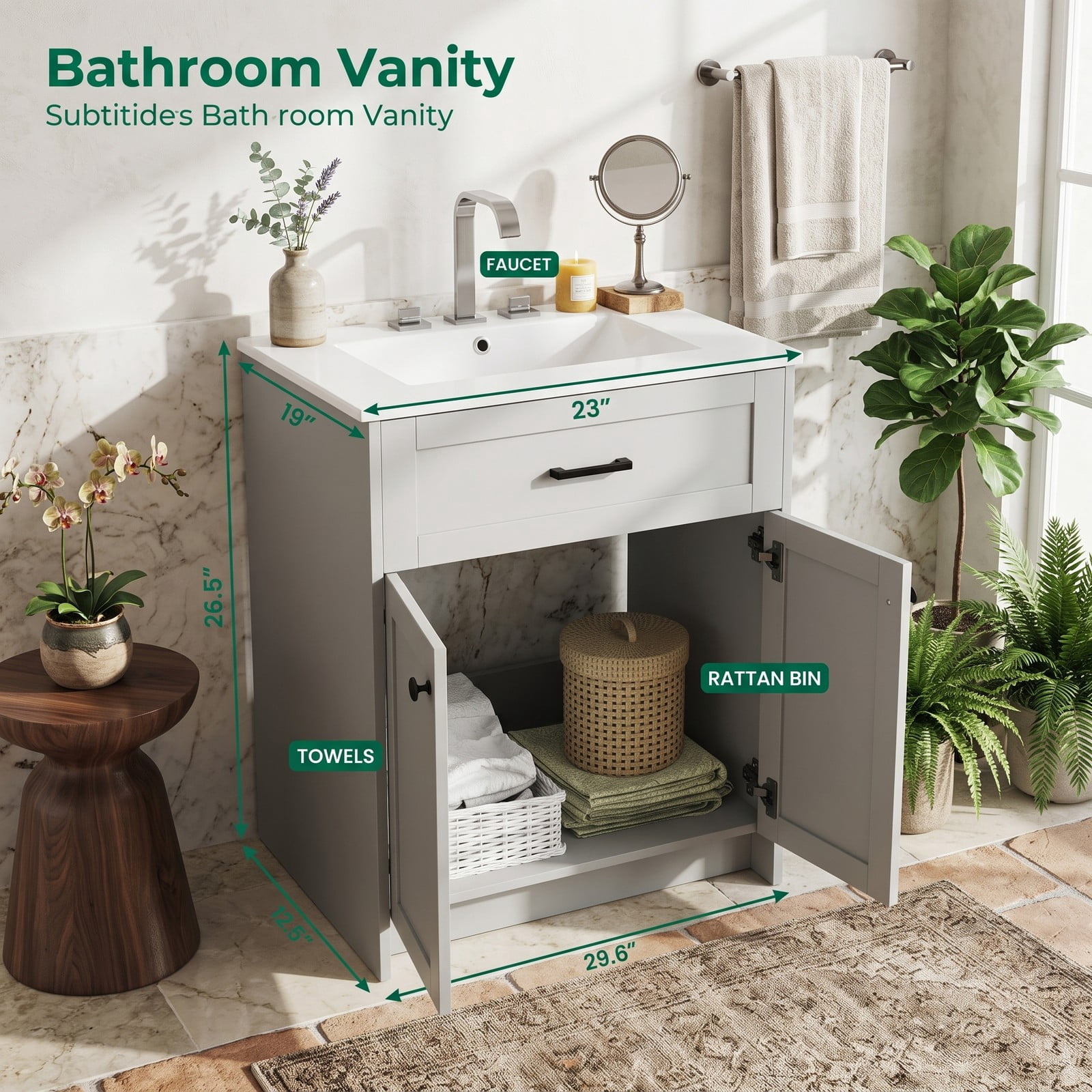 ALPULON Bathroom Vanity Unit with Ceramic Basin Sink, Freestanding 24 Inch Floor Standing Bathroom Vanity Cabinet with 2 Soft Close Doors and Pre-Drilled Faucet, Gray