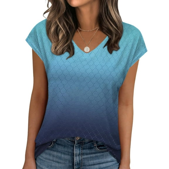 Weardear Women's V Neck T Shirts Eyelet Tank Top Cap Sleeve Summer Casual Blouses, S-XXL