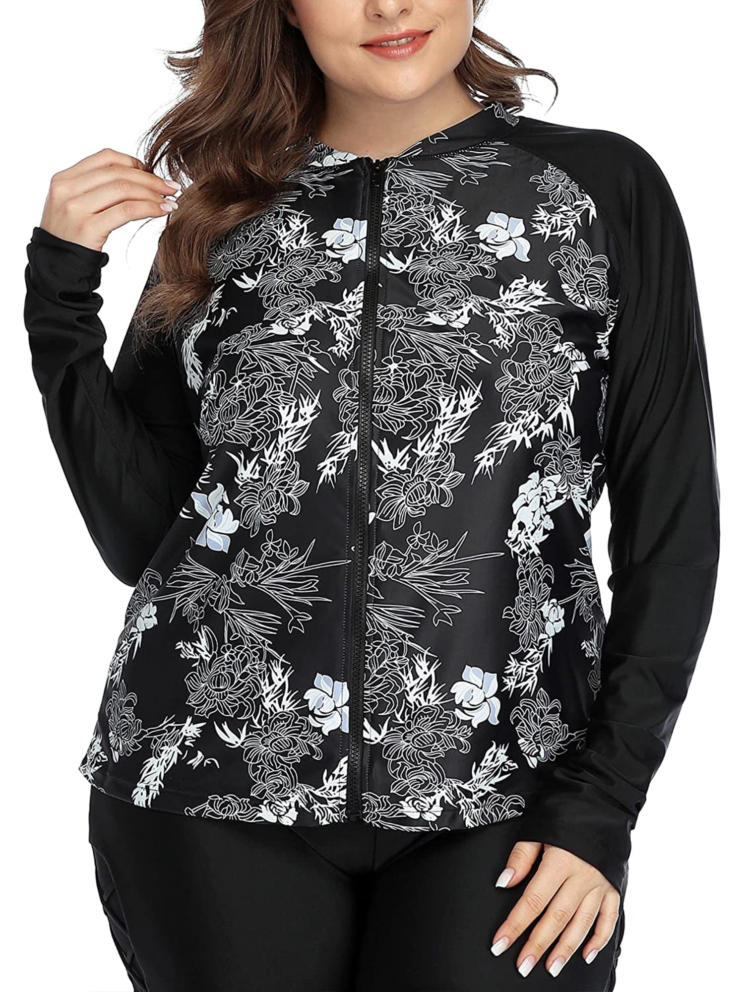 Women's Plus Size Rush Guard Floral Long Sleeve Zip Front Swim Top