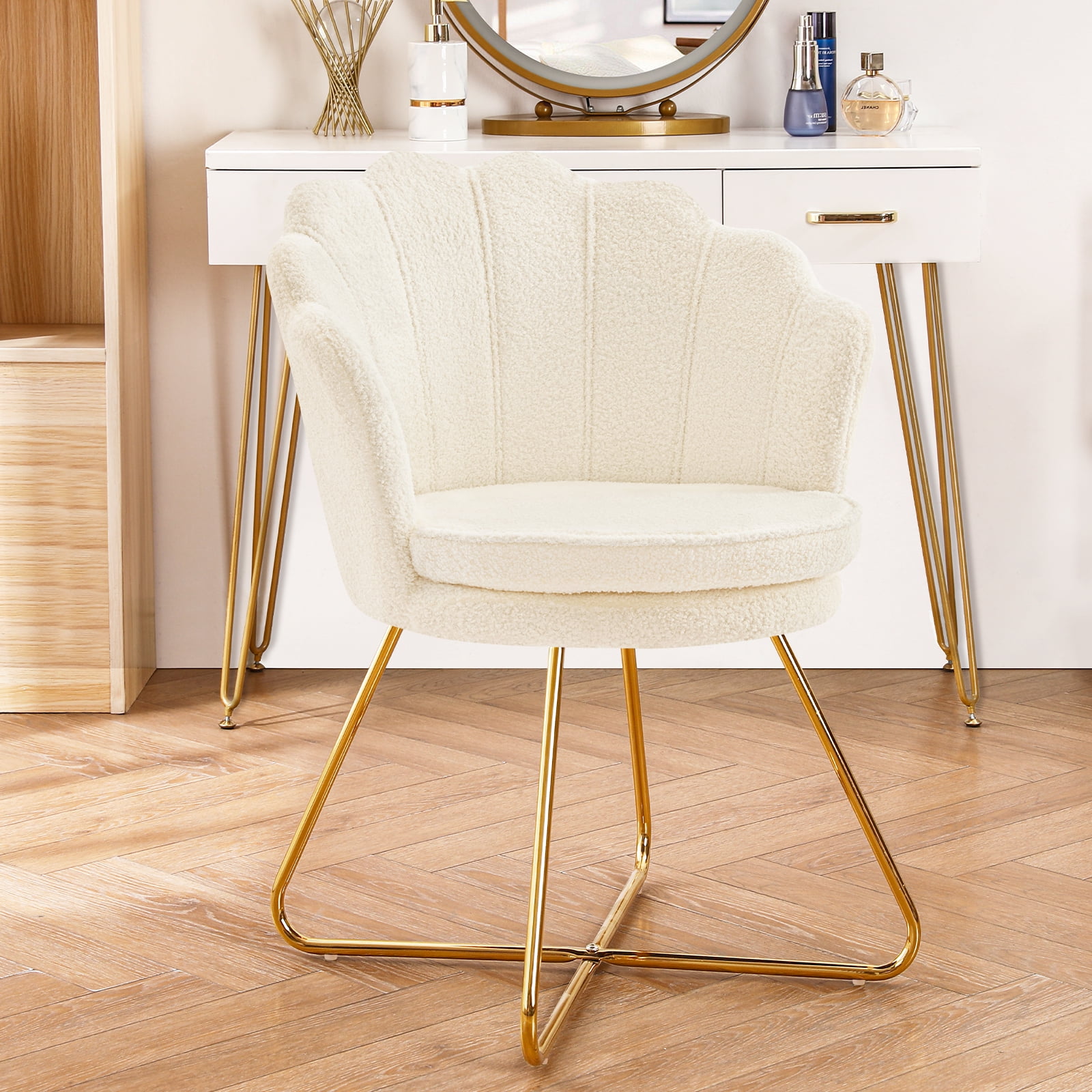 Furniliving Modern Sherpa Accent Chair Shell Back Makeup Chair Upholstered Arm Chair, White