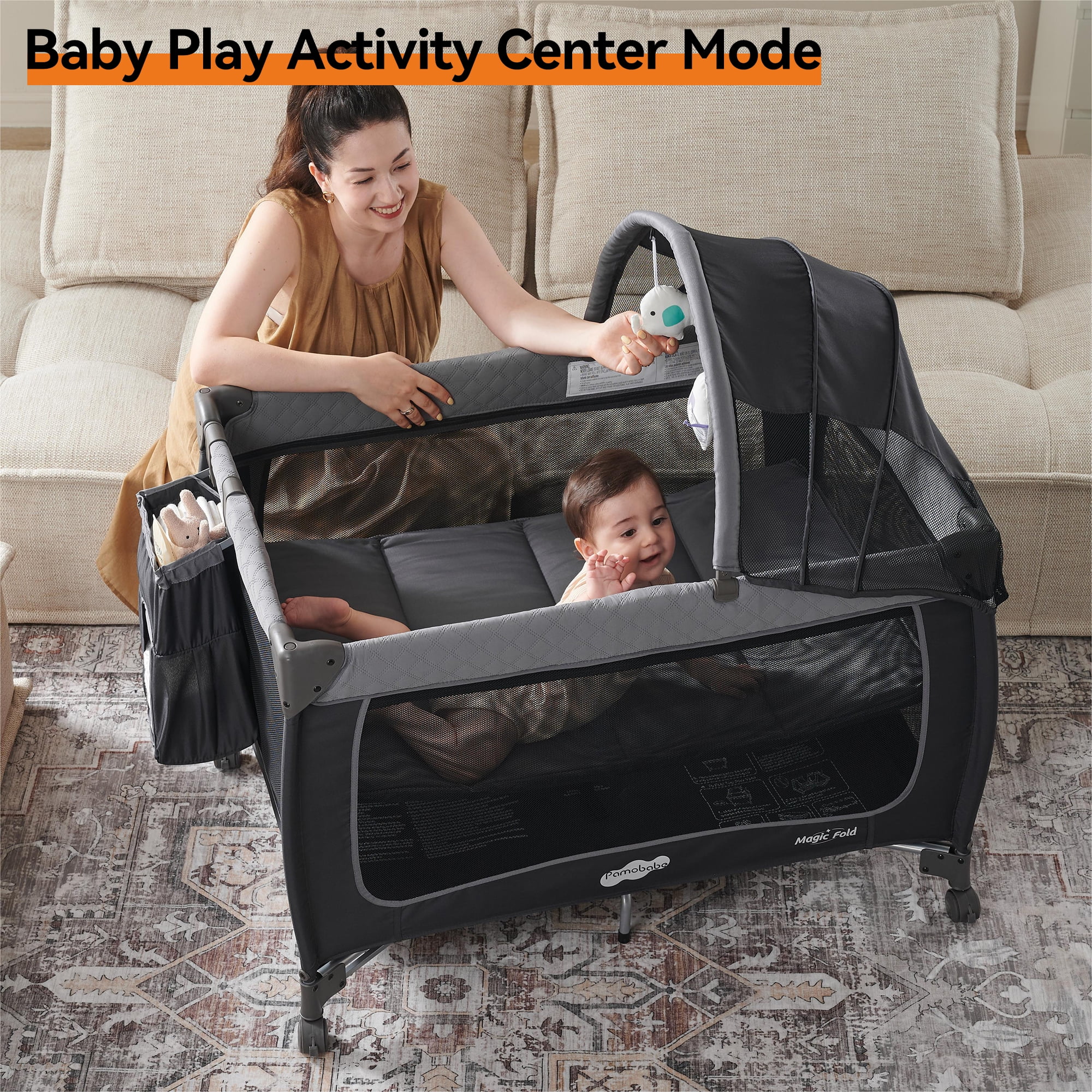Pamo Babe Baby Playard, Magic Fold 1 Step Portable Playpen Changing Table for Newborn, Four-Panels