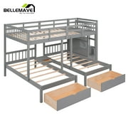 Bellemave Triple Bunk Bed with Stairs for 3, Wood Full over Twin & Twin 3 Bunk Bed with 6 Storage Drawers, Triple Bunk Bed for Teens Adults (Gray)