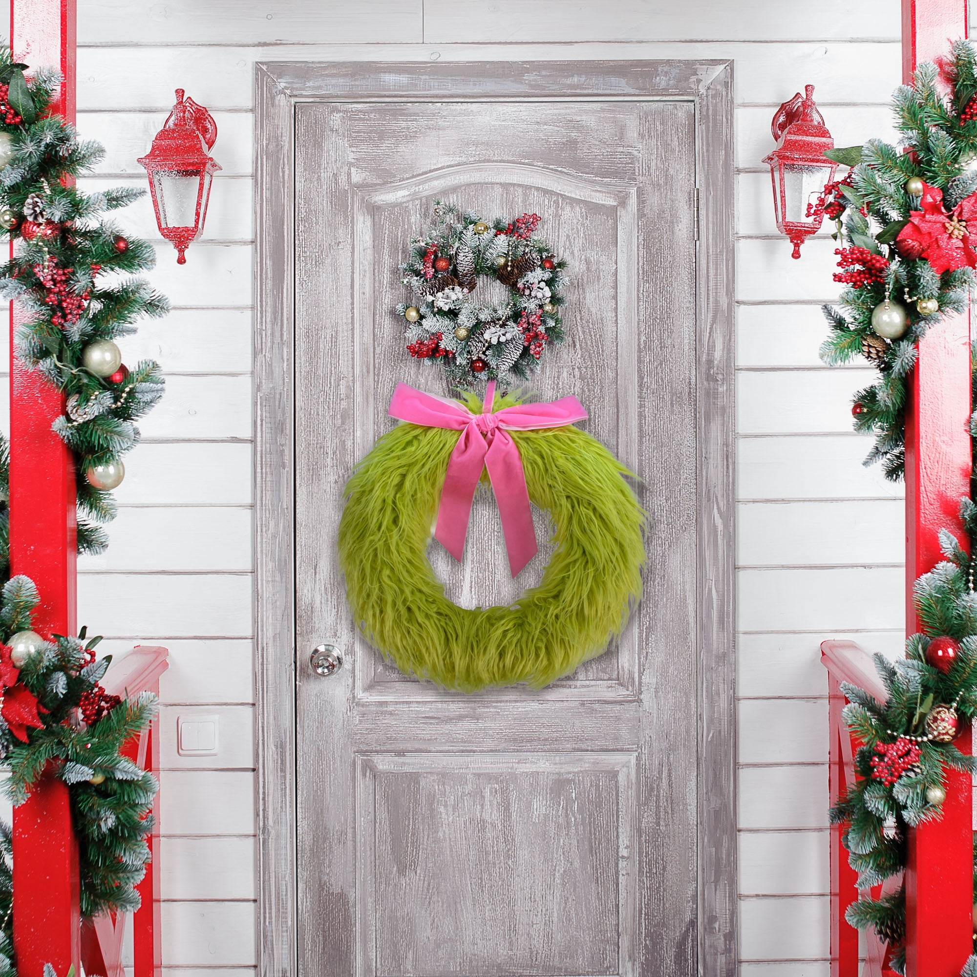 Dr. Seuss The Grinch Green Furry Wreath with Pink Ribbon by Dr. Seuss - Holiday Decoration