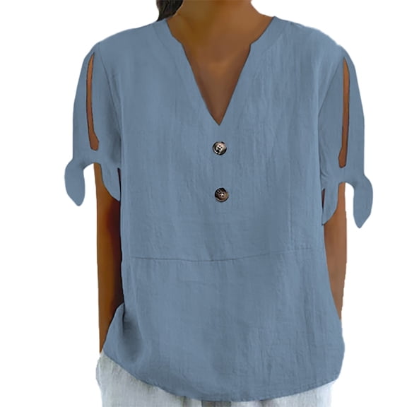 Shirts for Women Spring Summer V Tie Button Side Sleeve fork T Shirt Short Sleeve Loose Fit Soft Bamboo Hemp Breathable Casual Daily Wear Top L Size Spring Summer Womens Tops