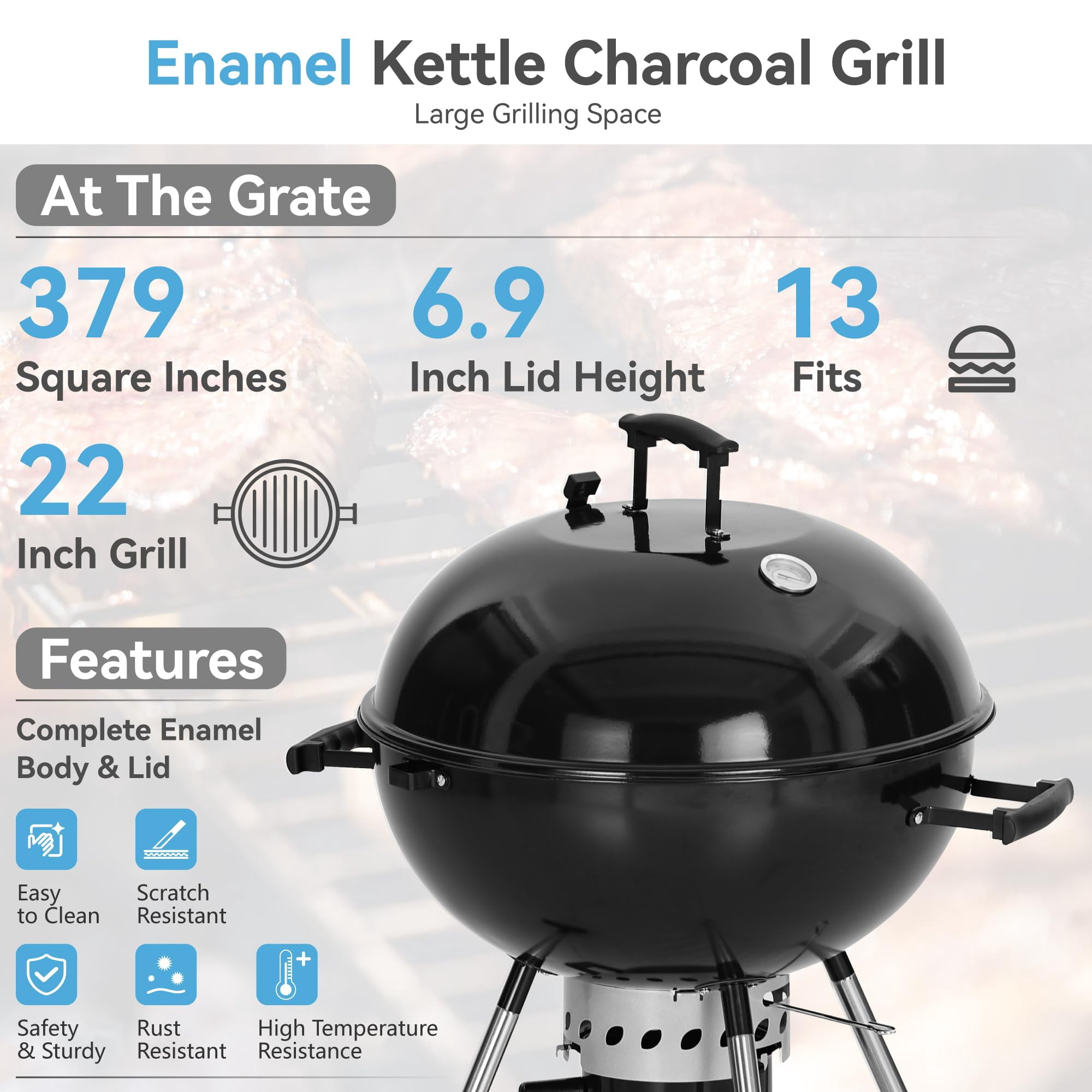 22 Inch Large Kettle Charcoal Grill with Foldable Grate & Wheels, Porcelain Coated Lid Ash Pan for Backyard Barbecue Picnic Camping Outdoor Adventures, Durable Steel Frame, Black
