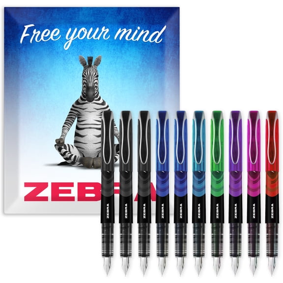 Zebra Fuente - Disposable Fountain Pen - Black, Blue, Red, Green, Violet Coloured Ink - Pack of 10