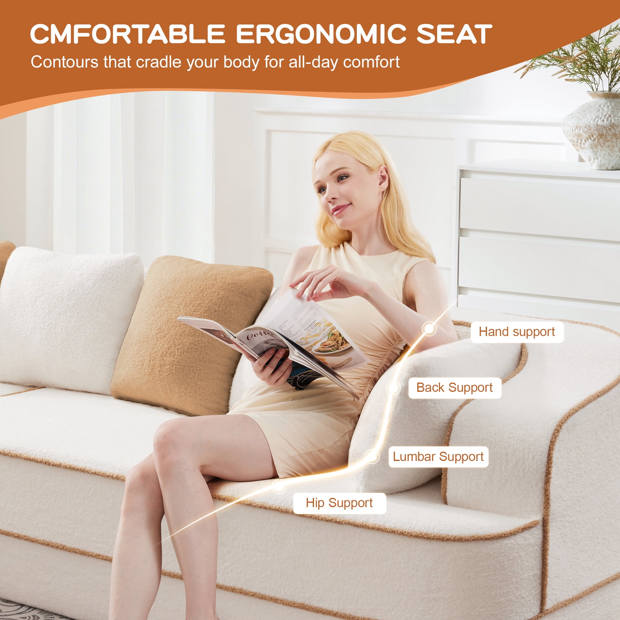 106" Teddy Fabric No Assembly 32D Boneless Sofa, Comfy Couch with L-Shaped Chaise for Living Room, White