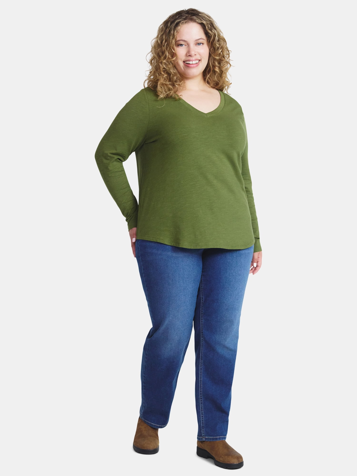 Terra & Sky Women's Plus Size V-Neck Tee with Long Sleeves, Sizes 0X-5X