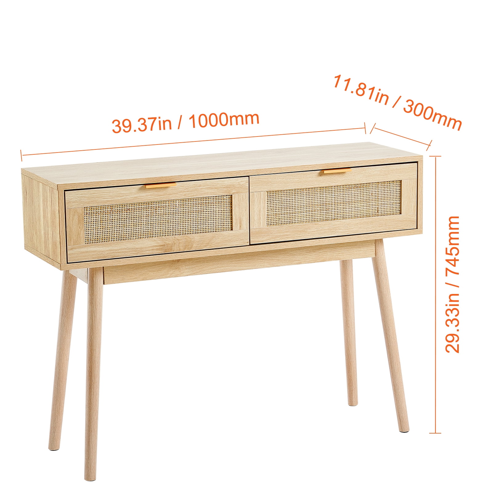 VEVOR Rattan Console Table with 2 Storage Drawers, Rattan Entryway Table with Natural Rattan Sliding Door, Console Sofa Table for Living Room, Study, Entryway Or TV Wall, Natural