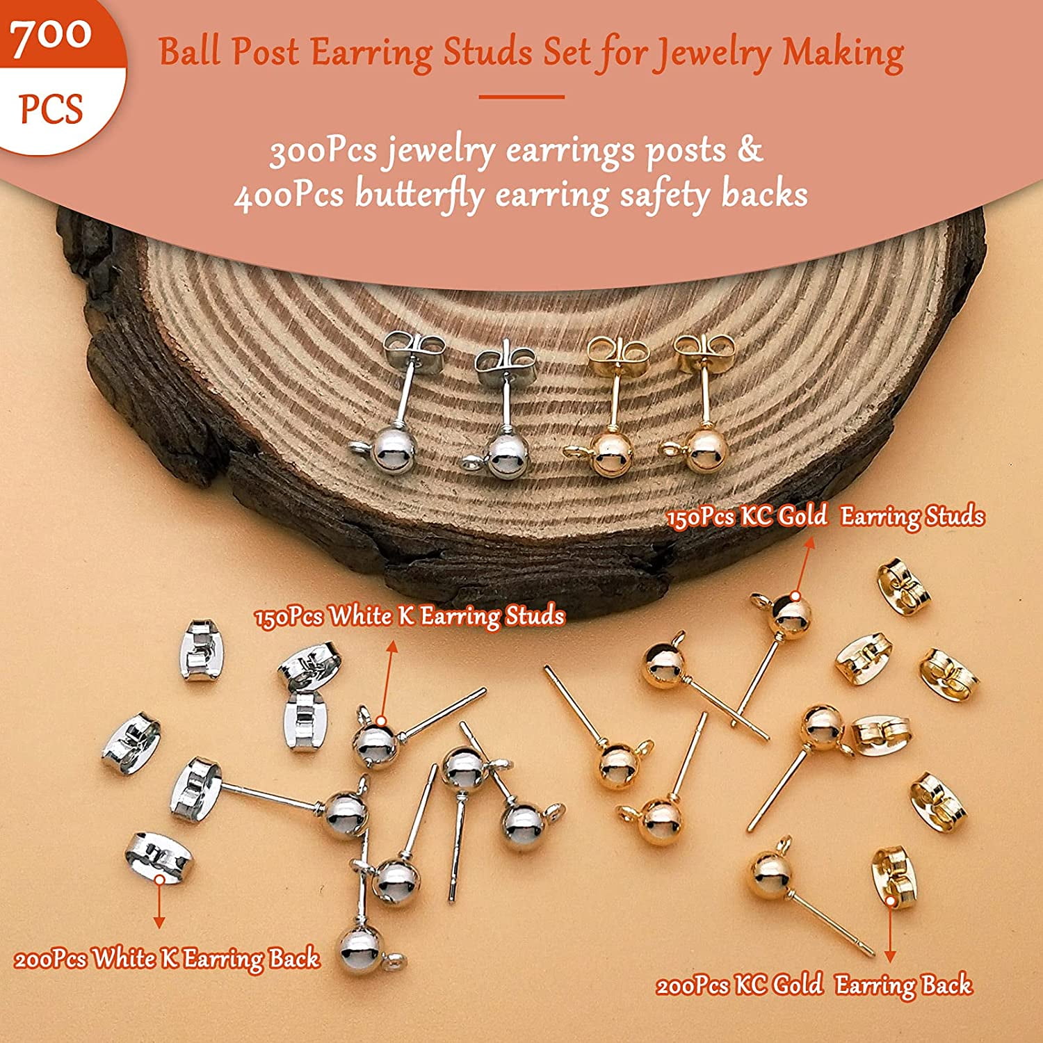150Pcs Ball Post Earring Studs for Jewelry Making,Earring Studs Ball Ear  Pin Ball Post Earrings with Loop with 200Pcs Butterfly Earring Back