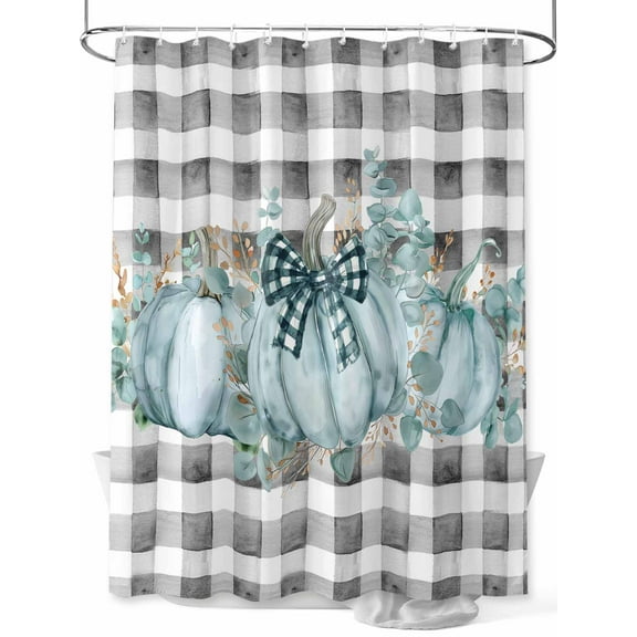 Green Pumpkins Fall Thanksgiving Extra Long Shower Curtain Set, Waterproof Shower Curtains for Bathroom, Black Plaid Watercolor Washable Fabric Cloth Bath Curtain for Bathtub with Hooks 72x96 Inches