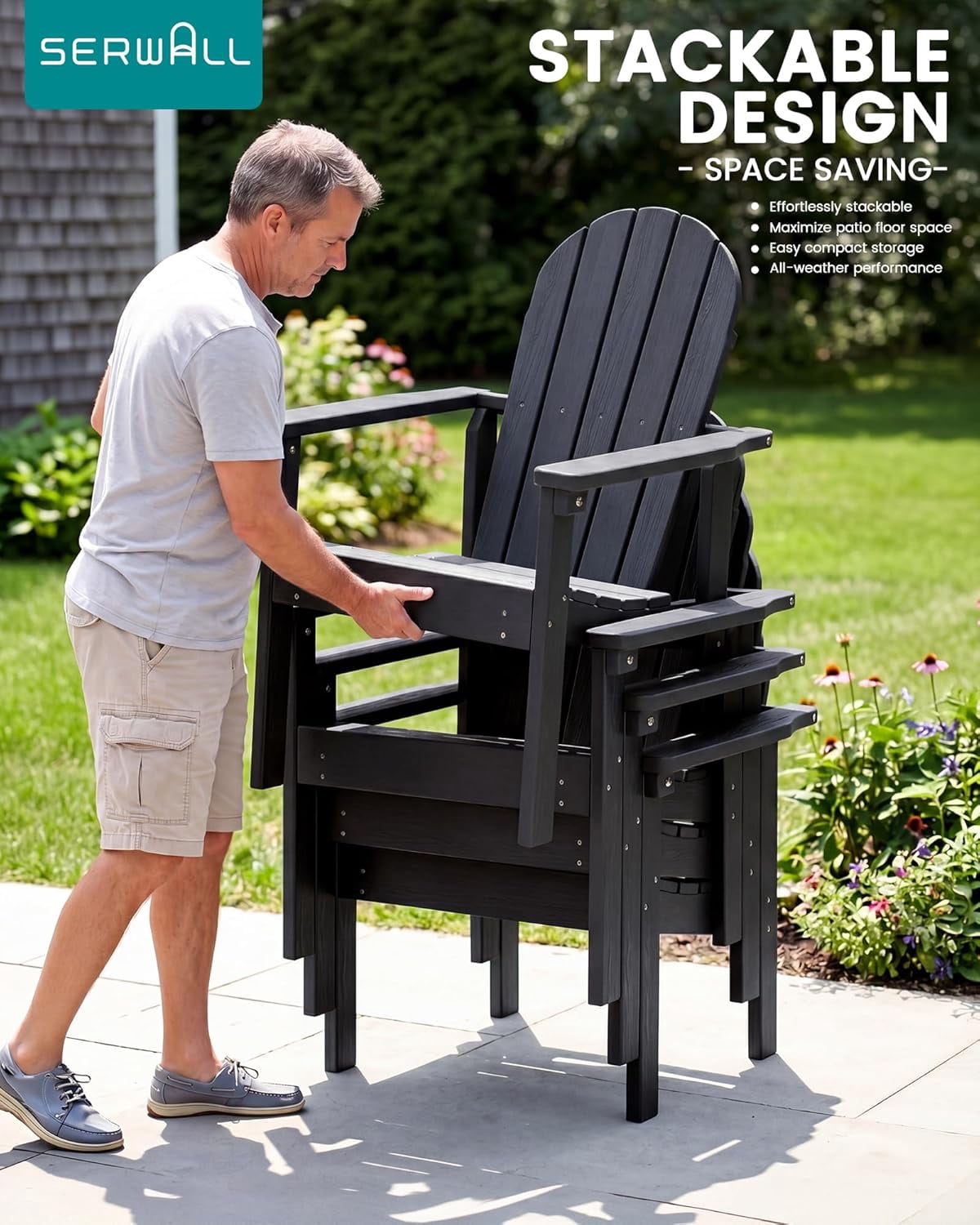 WBTER Stackable Modern Adirondack Chair, HDPE Outdoor Patio Chair with Space-Saving Design, All-Weather Fire Pit Chair with Widened Seat for Deck, Backyard, Garden, Lawn (Black)