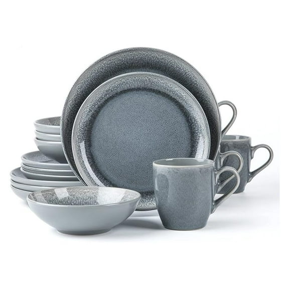 FAIT Stoneware Dinnerware Set, 16pc - Reactive Glaze Grey, Dishwasher Safe, for 4 People - Dinner Plates, Bowls & Mugs