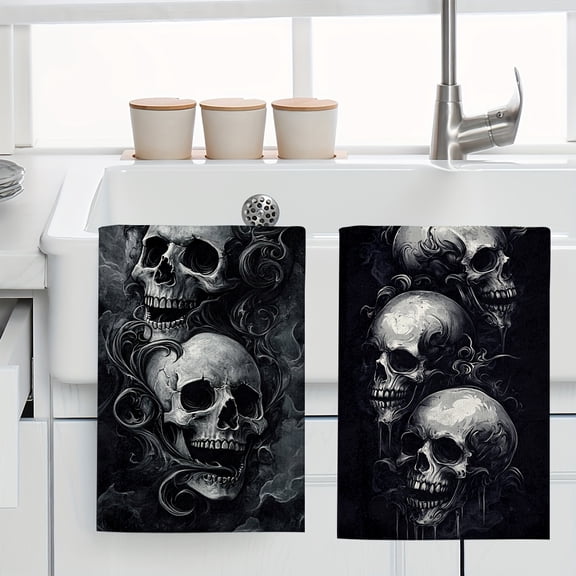 2 Pack Gothic Skull Halloween Kitchen Towel Absorbent Quick Dry Washcloth for Dining Room Kitchens Bathrooms Home Party Decor or Holiday Gift