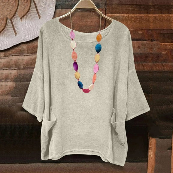 Tittly Womens Linen Shirt Women'S Gauze Tops Linen Button Up Shirts for Women Linen Shirts For Women Basic 3/4 Sleeve Tops Round Neck Pullover Tshirt Beige