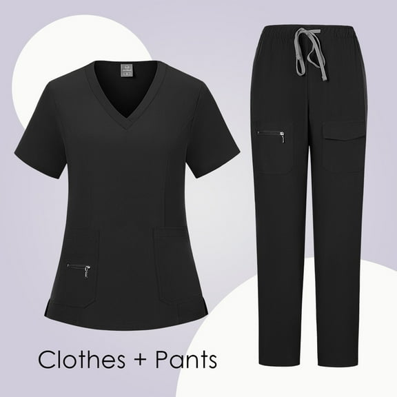Womens Scrubs Plus Size Medical Uniforms Stretchy V Neck Scrub Pants and Tops Scrub Sets Nurse Uniforms with Pockets Black M