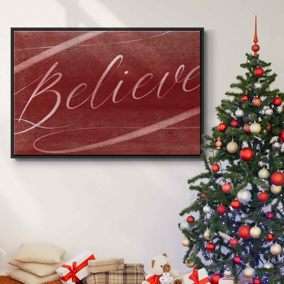 Believe - Framed Gallery Wrapped Holiday Canvas - 25 x 37 - Black Frame