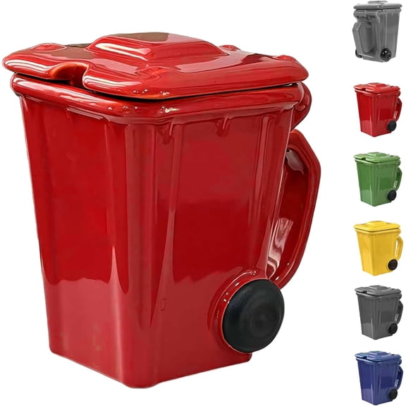 Trash Can Mug Ceramic Coffee Mug with Lid, Funny Recycling Bin Shaped Cup for Office Coworkers Home Desk, Unique Novelty Birthday Gift for Men Women, 14oz (Red)