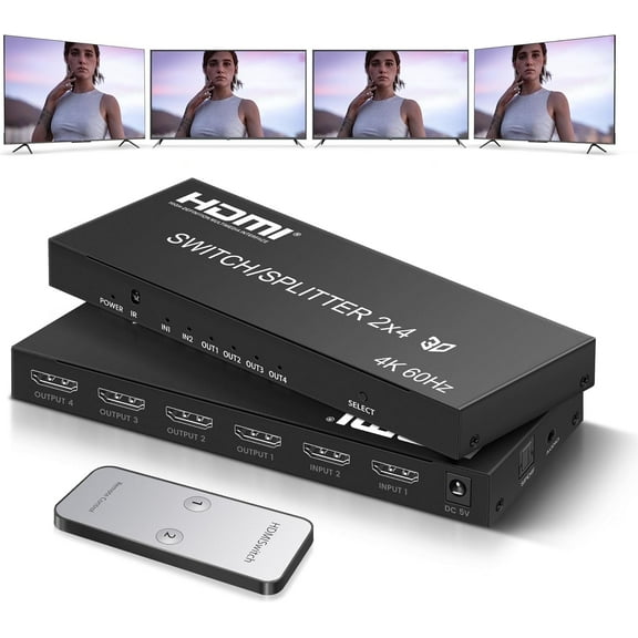 4K@60Hz HDMI Switch Splitter 2 in 4 Out with Remote,   4K with SPDIF & 3.5mm Audio,Support 4K,3D,1080p,HDCP2.2,HDR 10 for PS5/4,Xbox,DVD,etc