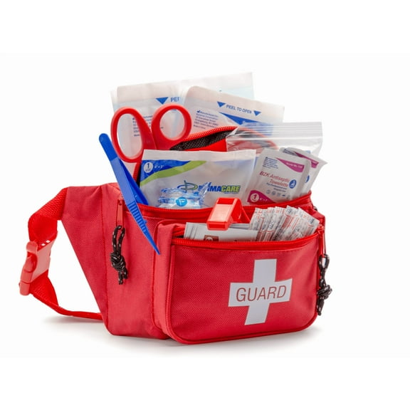 Primacare KB-8005 First Aid Stocked Fanny Pack, 75 Piece Kit, Emergency Medical Supplies, 8x2x6, 3 Pockets, Red