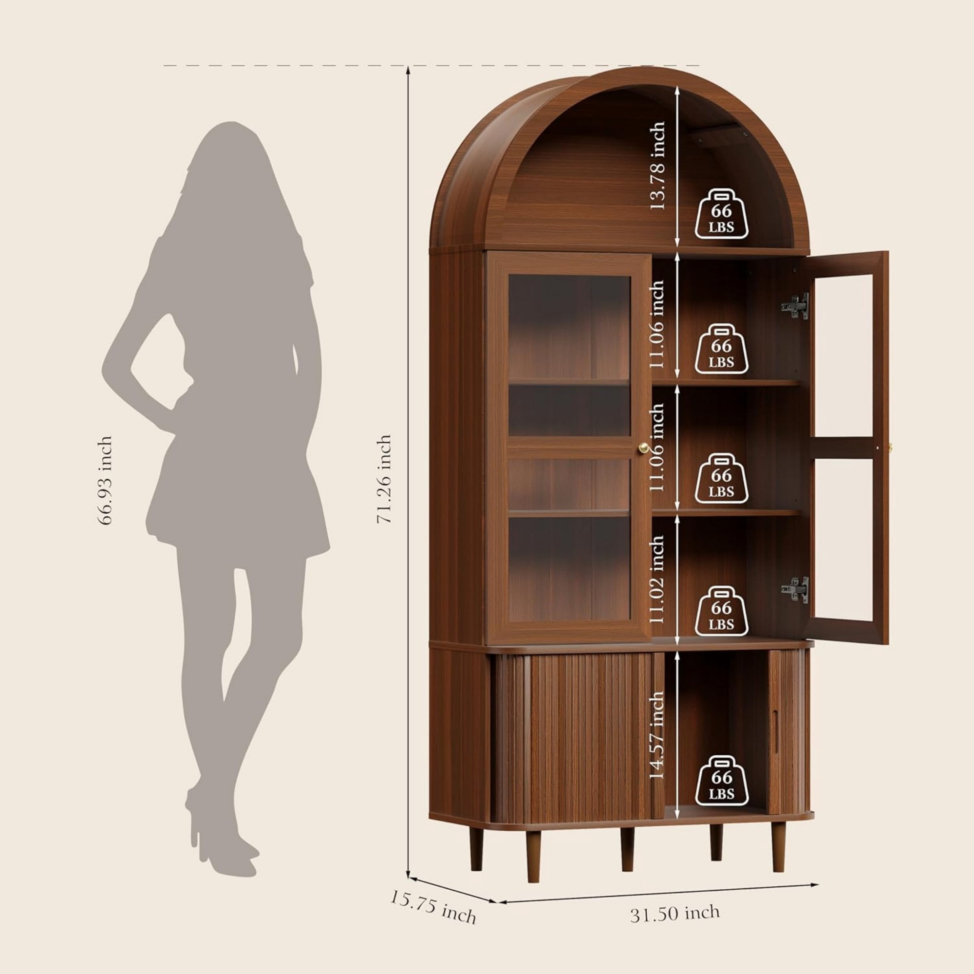 71 Inch Arched Cabinet with Glass Sliding Doors, Fluted Tall Pantry Cabinet with Adjustable Shelves, Walnut