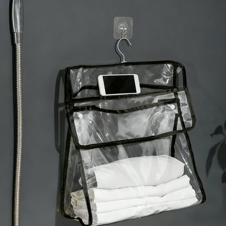 Eespoir Home Bathroom Waterproof Storage Bag Wall Hanging Underwear Storage for Shower Clothes Towel Hanging Bag Organization Solution Space Management(Black)