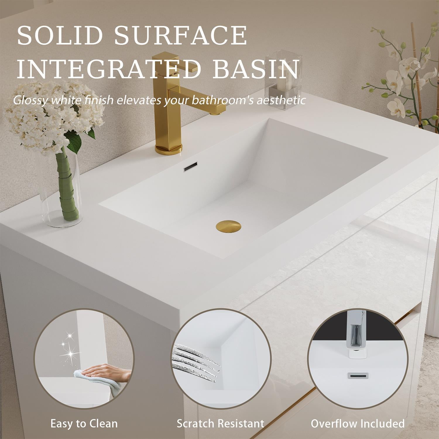 Demi Bonn 35" Wall-Mounted Bathroom Vanity with Sink, Stone Resin Countertop and 2 Soft Close Drawers, Faucets and Drains Not Included, White