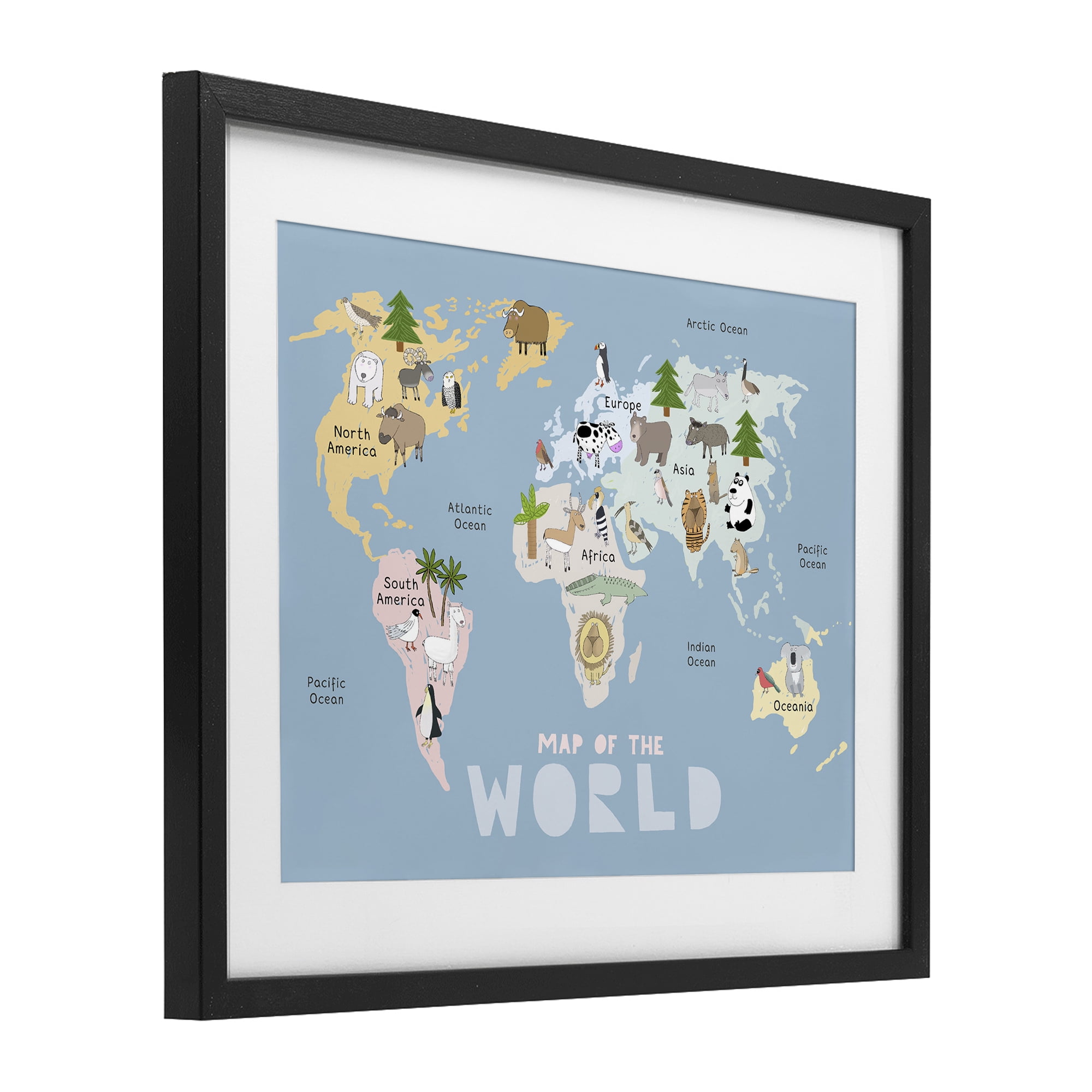 Kid's Map Of World Blue Black Framed Print Under Glass, design by Carla Daly