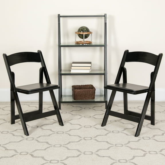 BizChair 2 Pack Black Wood Folding Chair with Vinyl Padded Seat