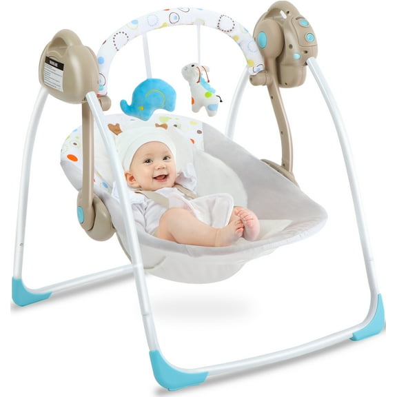 Yadala Baby Swing, Foldable Baby Swing for Infants with Adaptable Speeds, Music, 0-9 Months, Khaki