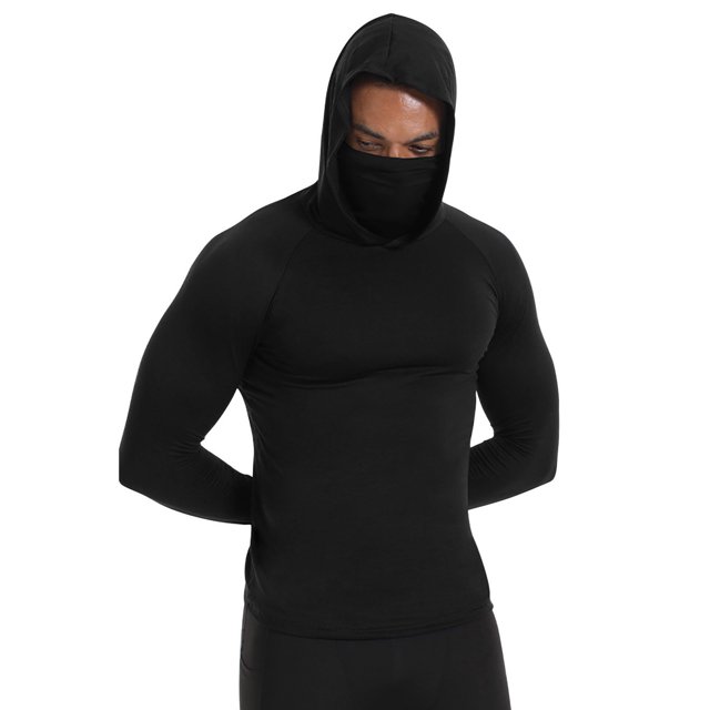 Mens Pullover Tops with Face Neck Mask Hoodie Long Sleeves Cooling Sun Protection Solid Color Breathable Lightweight Summer Shirts Black