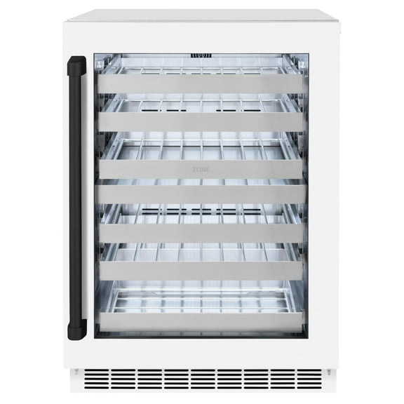 ZLINE Autograph Edition 24 in. Touchstone Dual Zone 44 Bottles Wine Cooler With White Matte Glass Door And Matte Black Handle (RWDOZ-WM-24-MB)