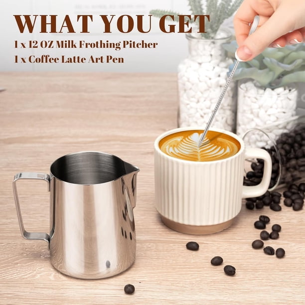 Pichet à mousse de lait, 590 ml, en acier inoxydable, pour lait, café, cappuccino, barista, pichet à vapeur avec stylo de décoration, latte art