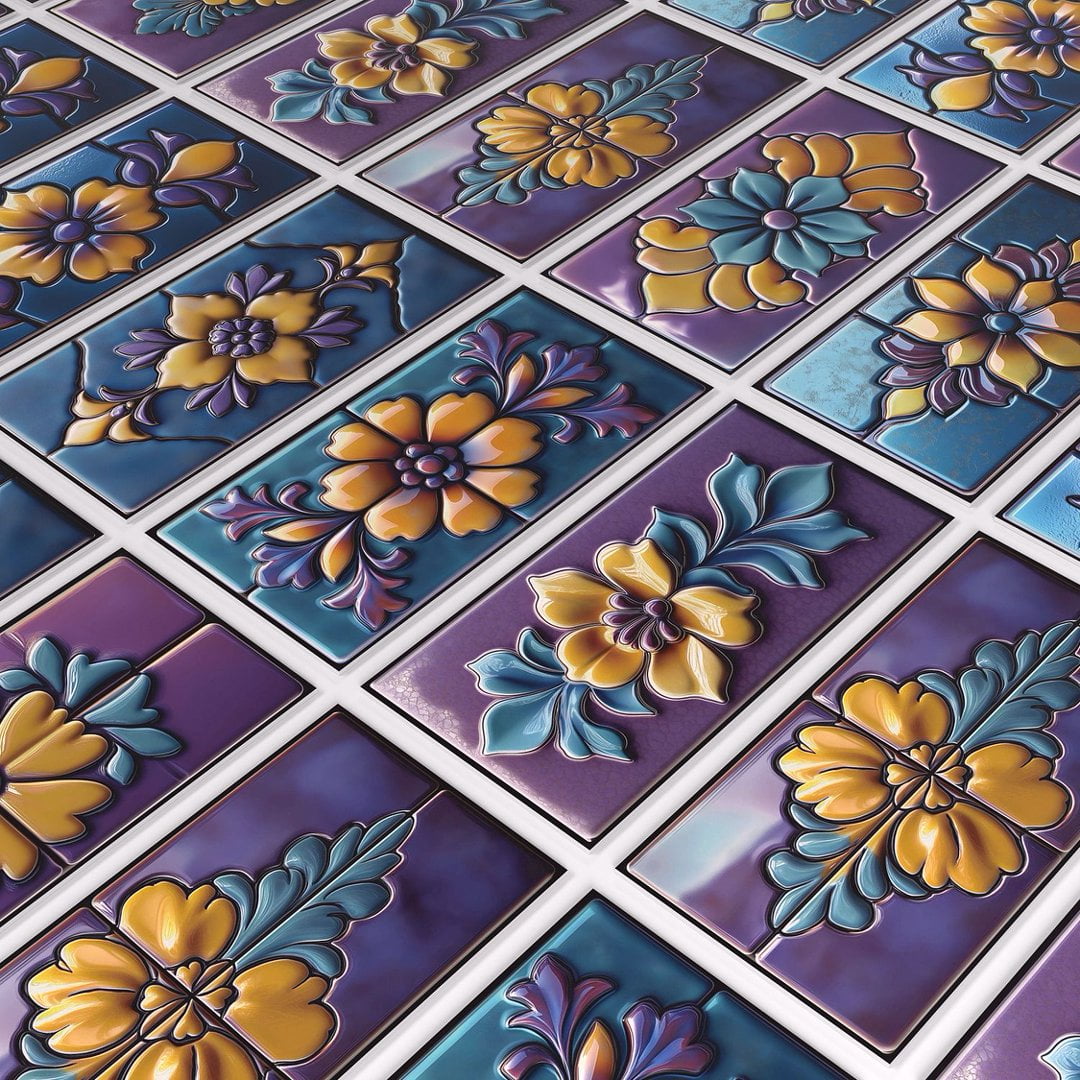 16 Pcs Foaming Board Vinyl Tiles Stickers Wall Decals 8" x 4" Purple Blue Yellow Flowers Pattern Mural Waterproof Peel and Stick Backsplash