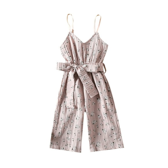 Bulingna Little Girls Belted Jumpsuit, Toddlers Sweet Style Flower Printing V-neck Sleeveless Wide Leg Trousers Long Suspender Pants