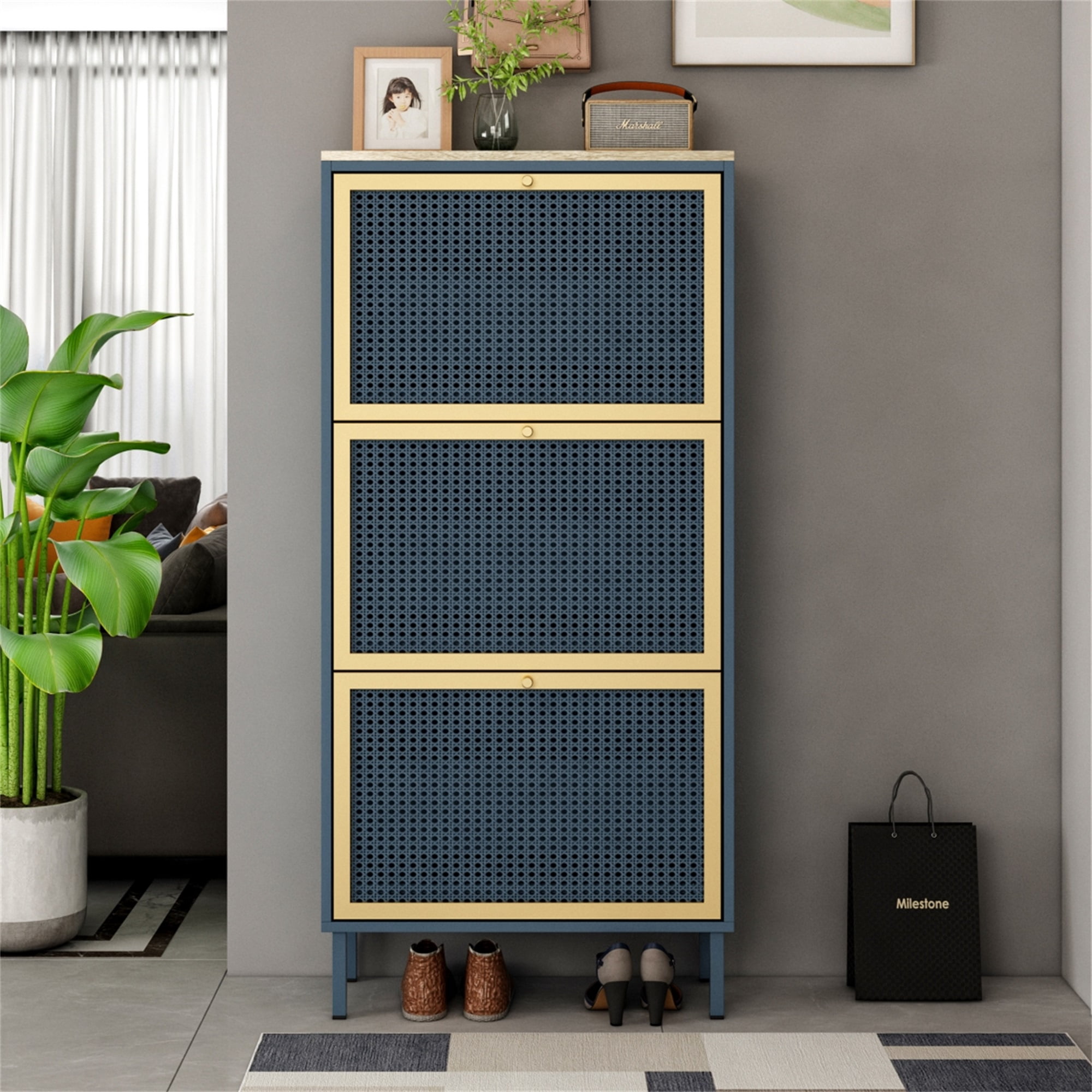 YYAo Shoe Rack Storage Cabinets, 3-Tier Metal Rattan Door Shoe Rack for Living Room Bathroom, Blue&Gray YYAo Shoe Rack Storage Cabinets, 3-Tier Metal Rattan Door Shoe Rack for Living Room Bathroom, Blue&Gray