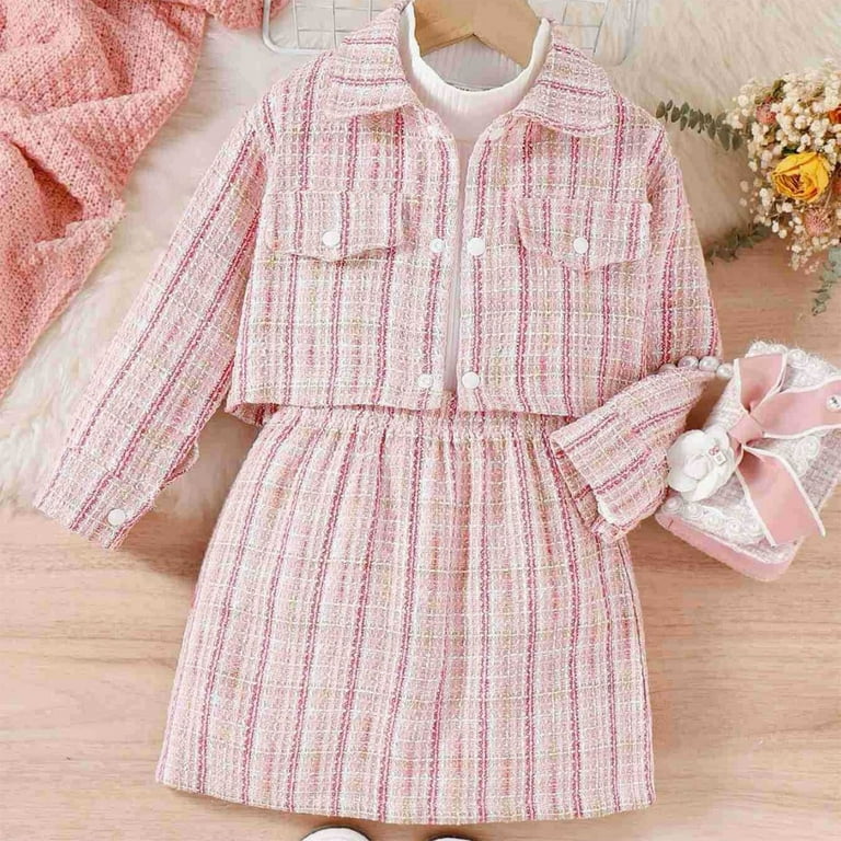 Toddler Kids Baby Girl Fall Outfits Plaid Tweed Jacket and Mini