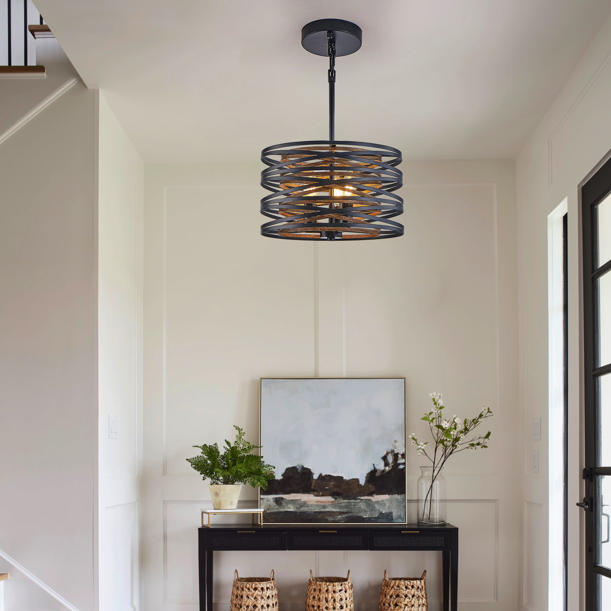 12.6''Farmhouse Chandeliers Rustic Drum Pendant Light for Dining Room,3-Light Industrial Metal Hanging Light Fixture, Retro Wood Texture Interior E12