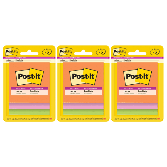 Post-it Super Sticky Notes 3 in x 3 in Energy Boost Colors, 3 Pads x 45 Sheets, 3 Pack