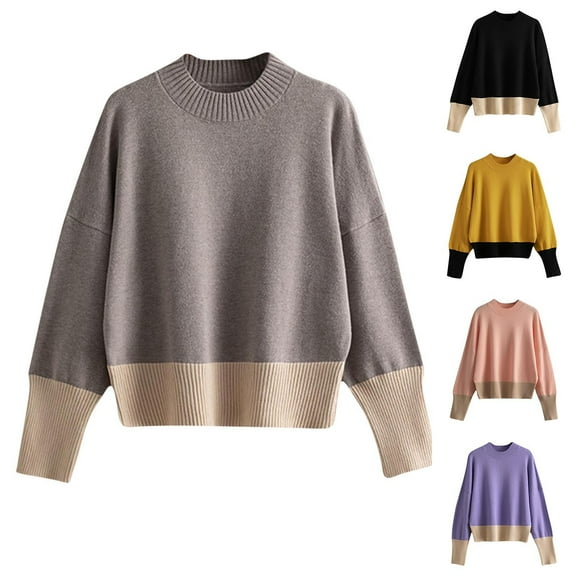 Ashirexll Pullover Sweaters for Women, Winter Sweaters for Women, Women's Reversible Color Block Knit Sweater Long Sleeve Round Neck Pullover Top Soft Comfort