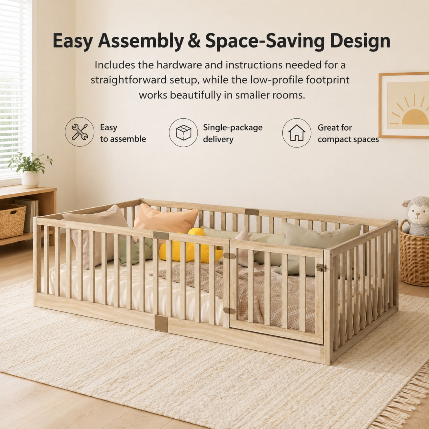 Miniyam Wooden Twin Size Floor Bed for Kids with Door, High Safety Fence, Natural